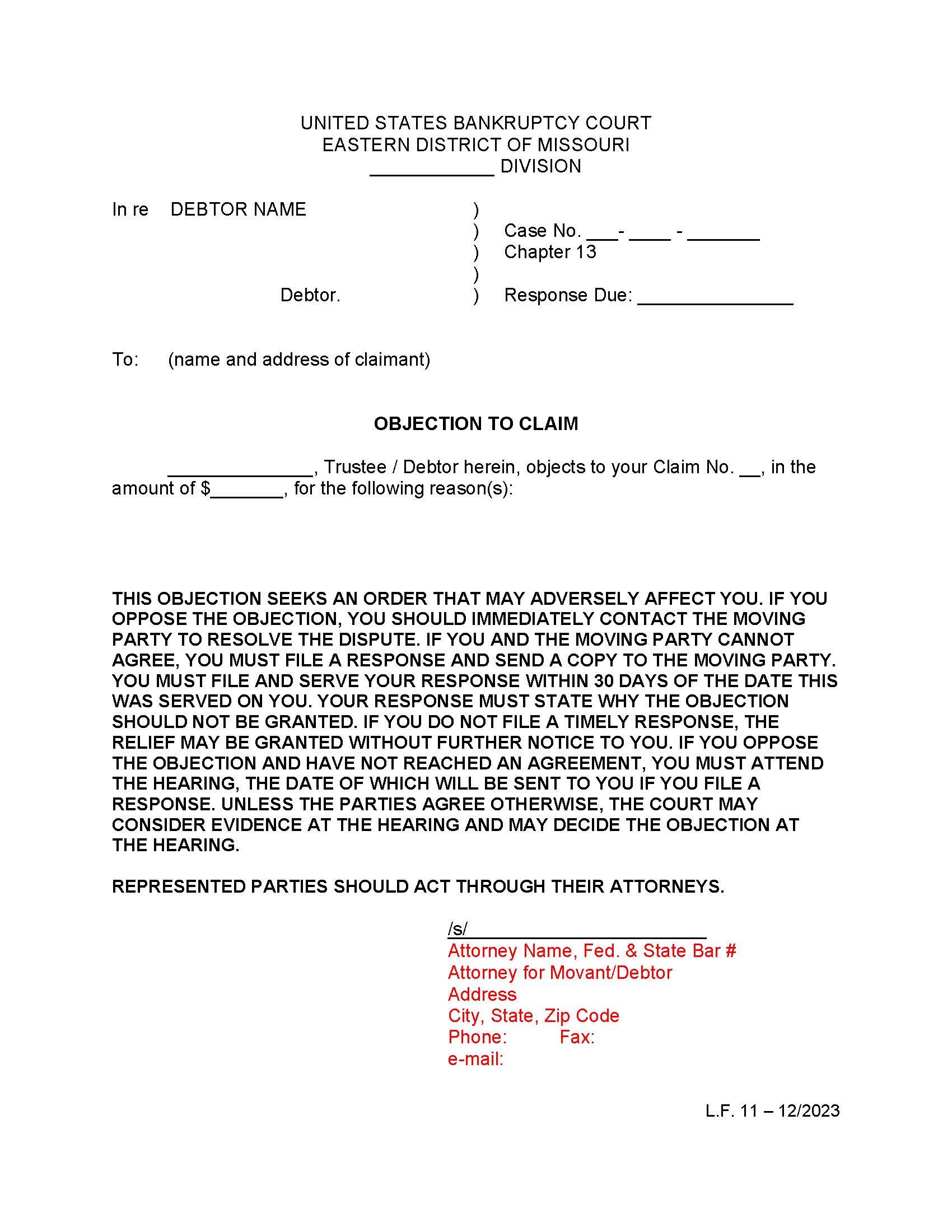 Objection To Claim (Chapter 13) {LF11} | Pdf Fpdf Doc Docx | Missouri