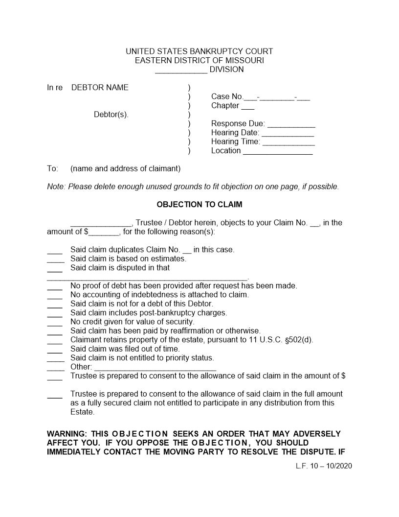Objection to Claim {LF10} | Pdf Fpdf Doc Docx | Missouri
