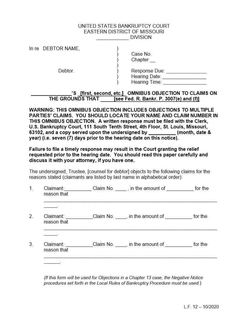 Omnibus Objection to Claims {LF12} | Pdf Fpdf Doc Docx | Missouri
