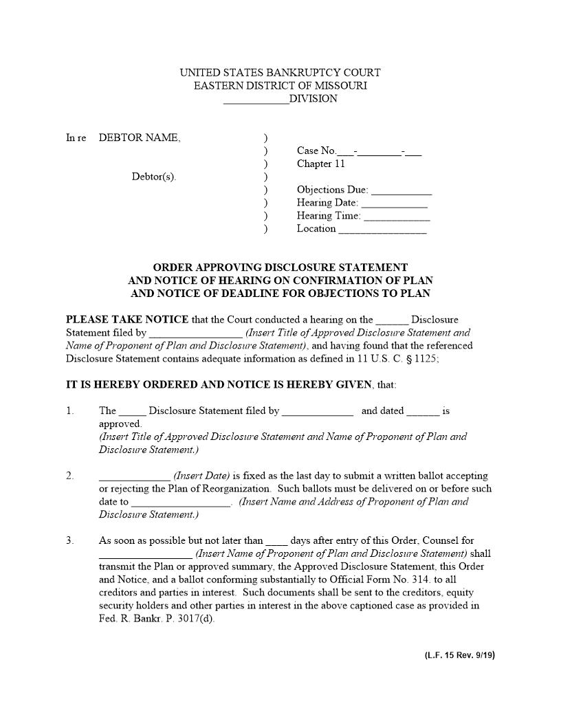 Order Approving Disclosure Statement And Notice Of Confirmation Hearing {LF15} | Pdf Fpdf Doc Docx | Missouri