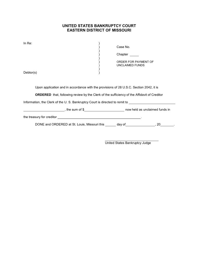 Order For Payment Of Unclaimed Funds | Pdf Fpdf Docx | Missouri