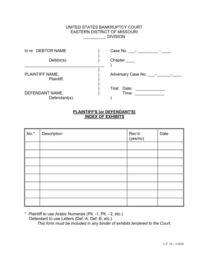 Plaintiffs (Or Defendants) Index Of Exhibits {LF20} | Pdf Fpdf Doc Docx | Missouri