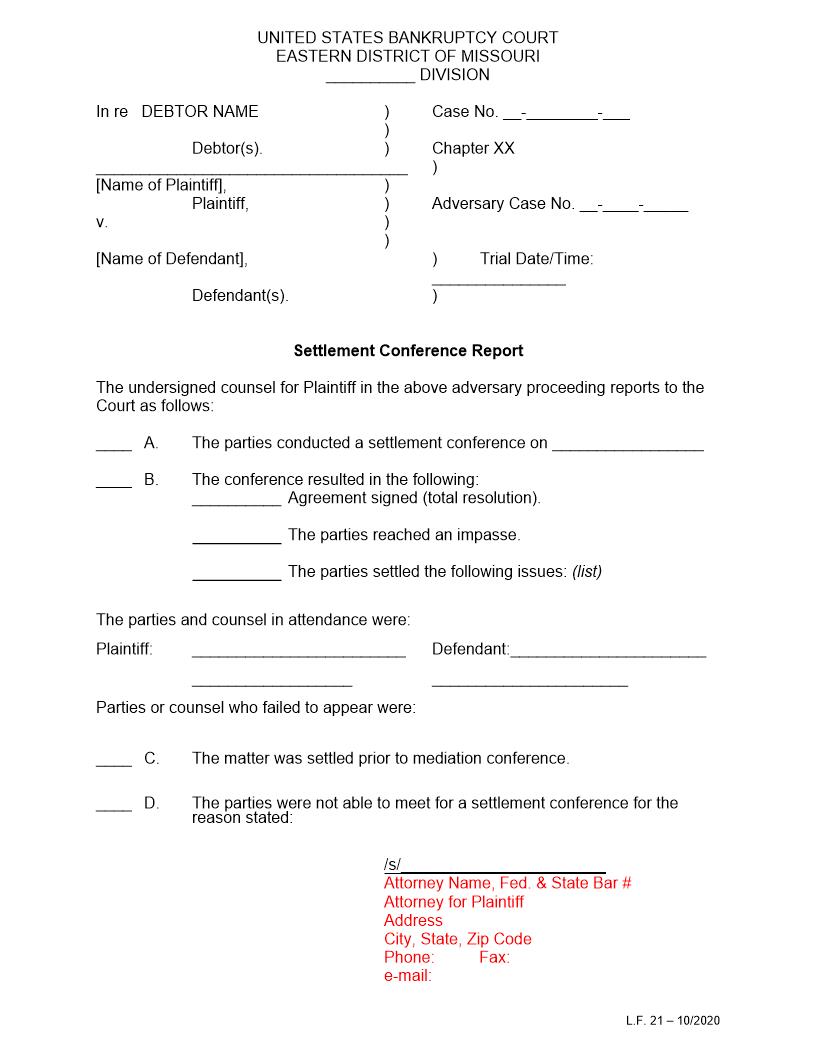 Settlement Conference Report {LF21} | Pdf Fpdf Doc Docx | Missouri