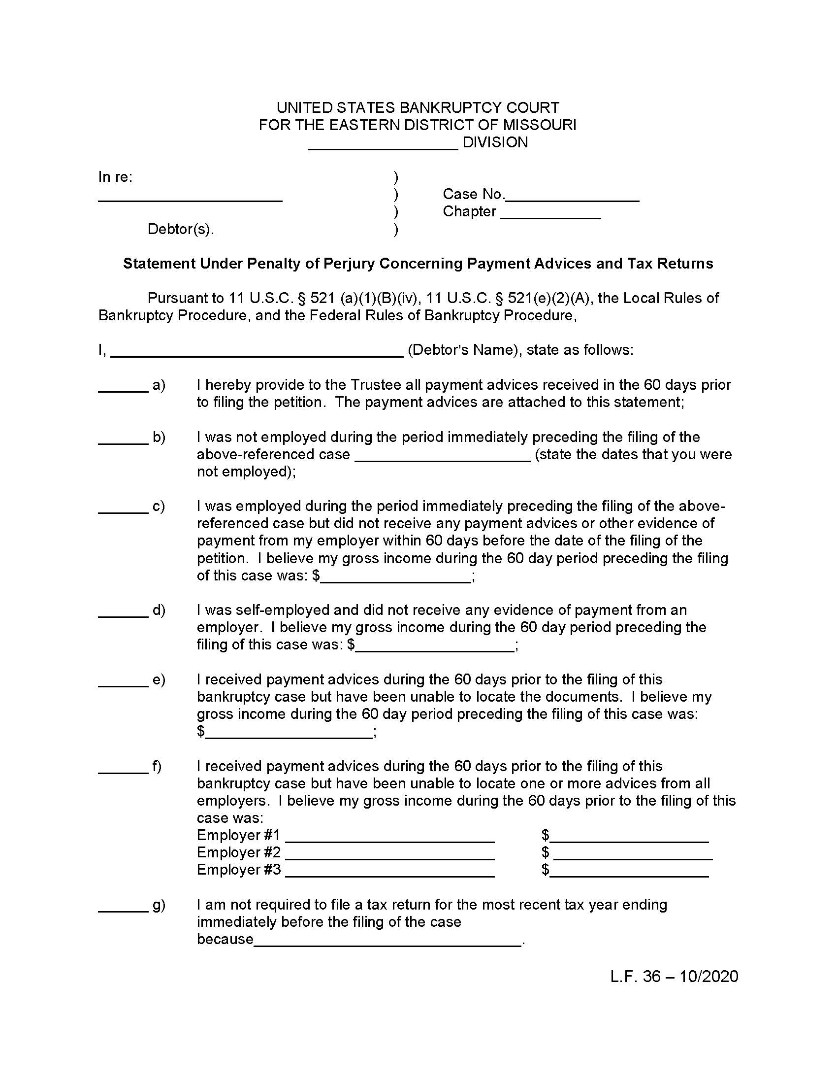 Statement Under Penalty Of Perjury Concerning Payment Advices And Tax Returns {LF36} | Pdf Fpdf Doc Docx | Missouri