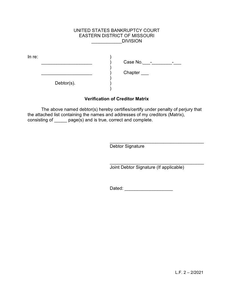 Verification Of Creditor Matrix {LF2} | Pdf Fpdf Doc Docx | Missouri