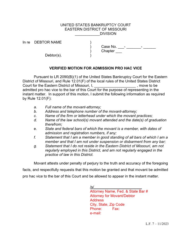 Verified Motion For Admission Pro Hac Vice {LF7} | Pdf Fpdf Doc Docx | Missouri