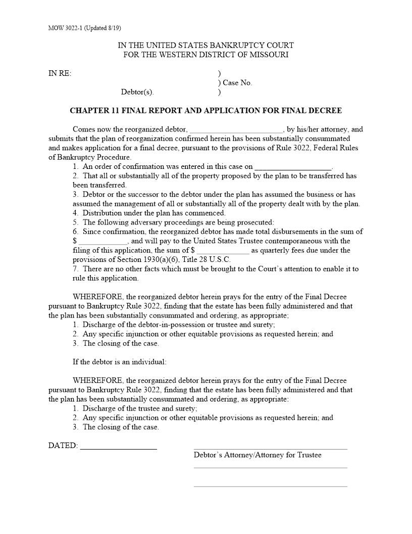 Chapter 11 Final Report And Application For Final Decree {MOW 3022-1} | Pdf Fpdf Doc Docx | Missouri