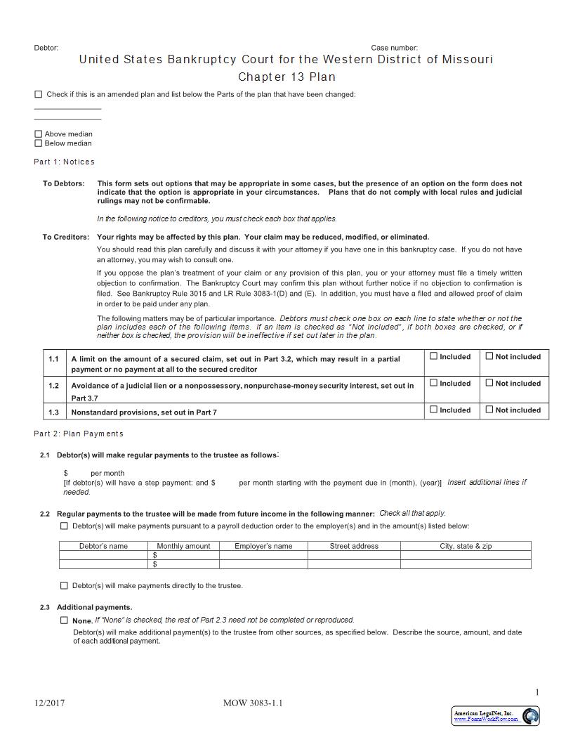 Chapter 13 Plan And Plan Summary For Cases Filed On Or After October 17, 2005 {MOW 3083-1.1} | Pdf Fpdf Docx | Missouri
