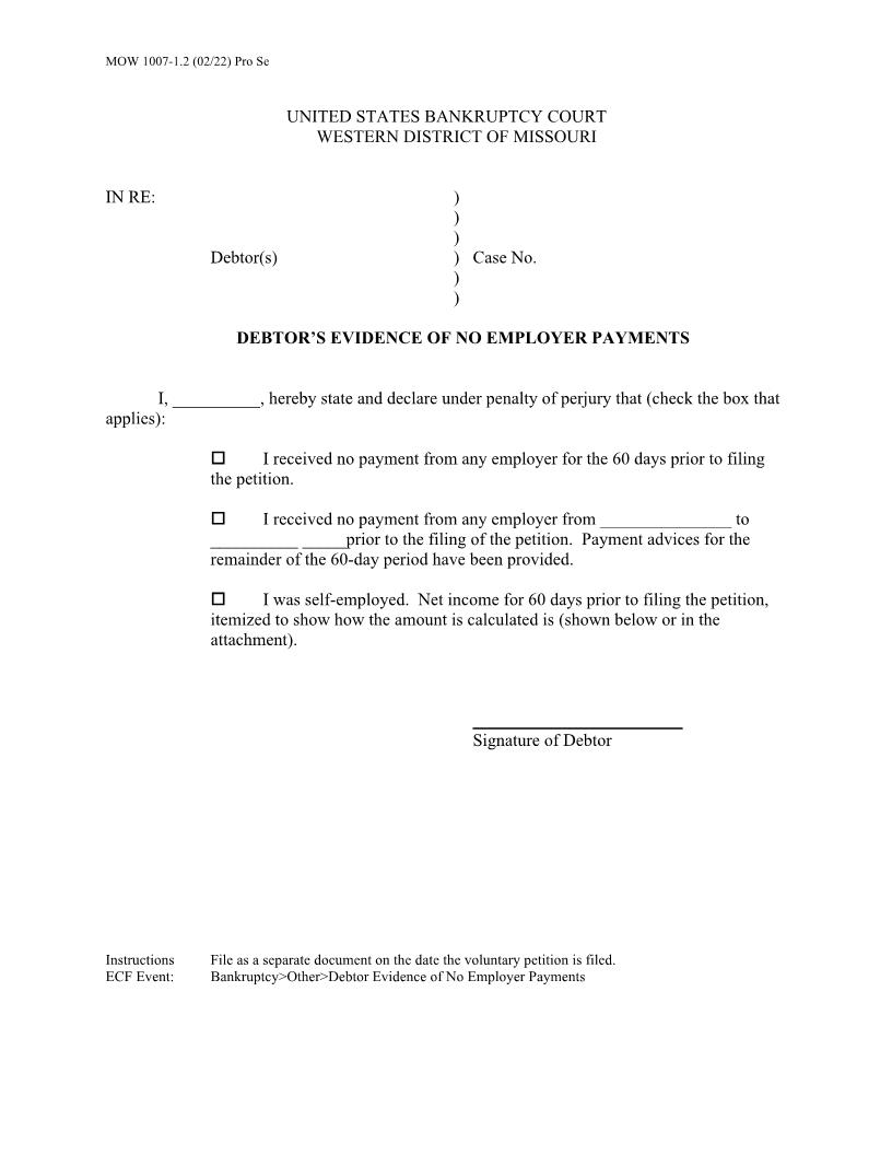 Debtors Evidence Of No Employer Payments {MOW 1007-1.2} | Pdf Fpdf Doc Docx | Missouri