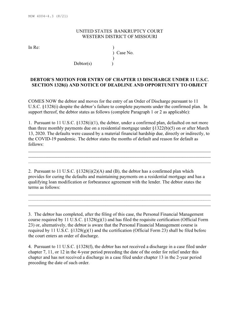 Debtors Motion For Entry Of CH 13 Discharge {MOW 4004-4.3} | Pdf Fpdf Docx | Missouri