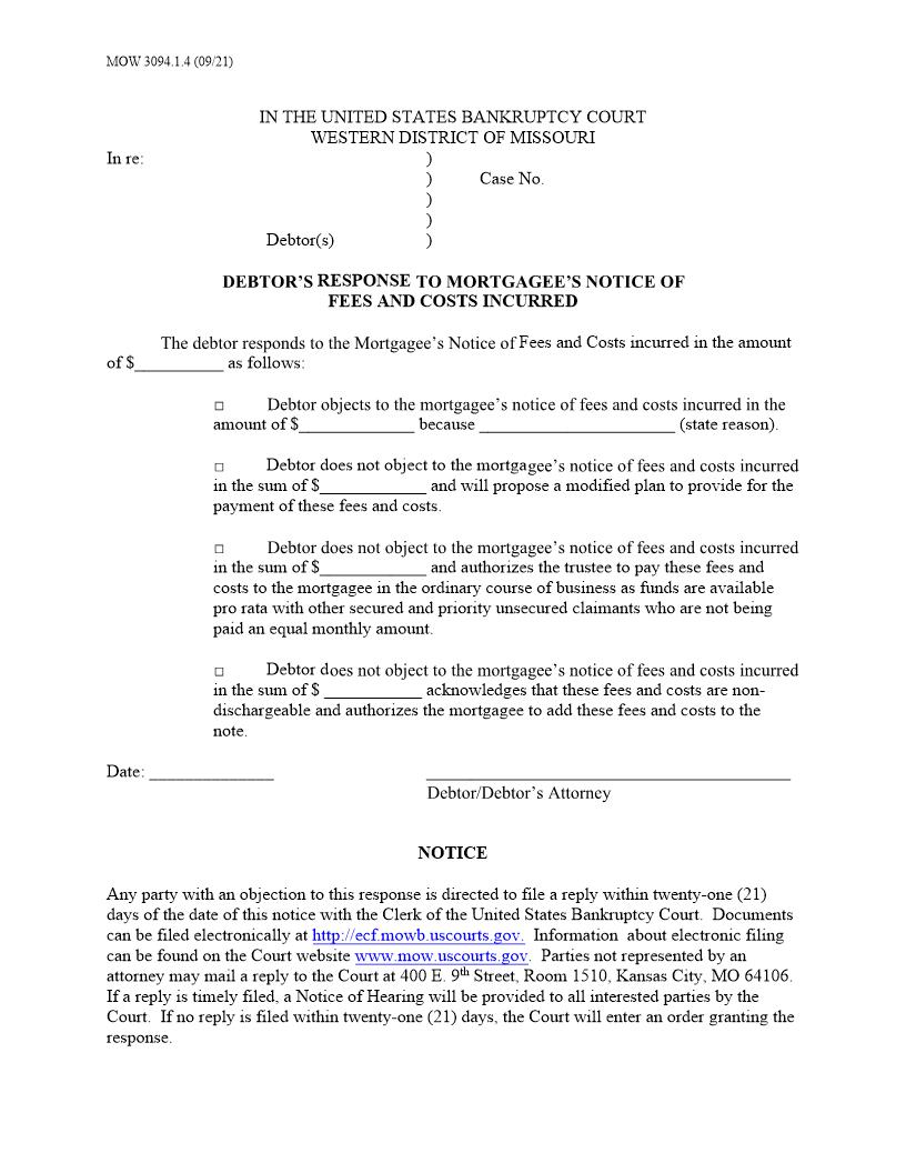 Debtors Response To Mortgagees Notice Of Fees  And Costs Incurred {MOW 3094.1.4} | Pdf Fpdf Doc Docx | Missouri