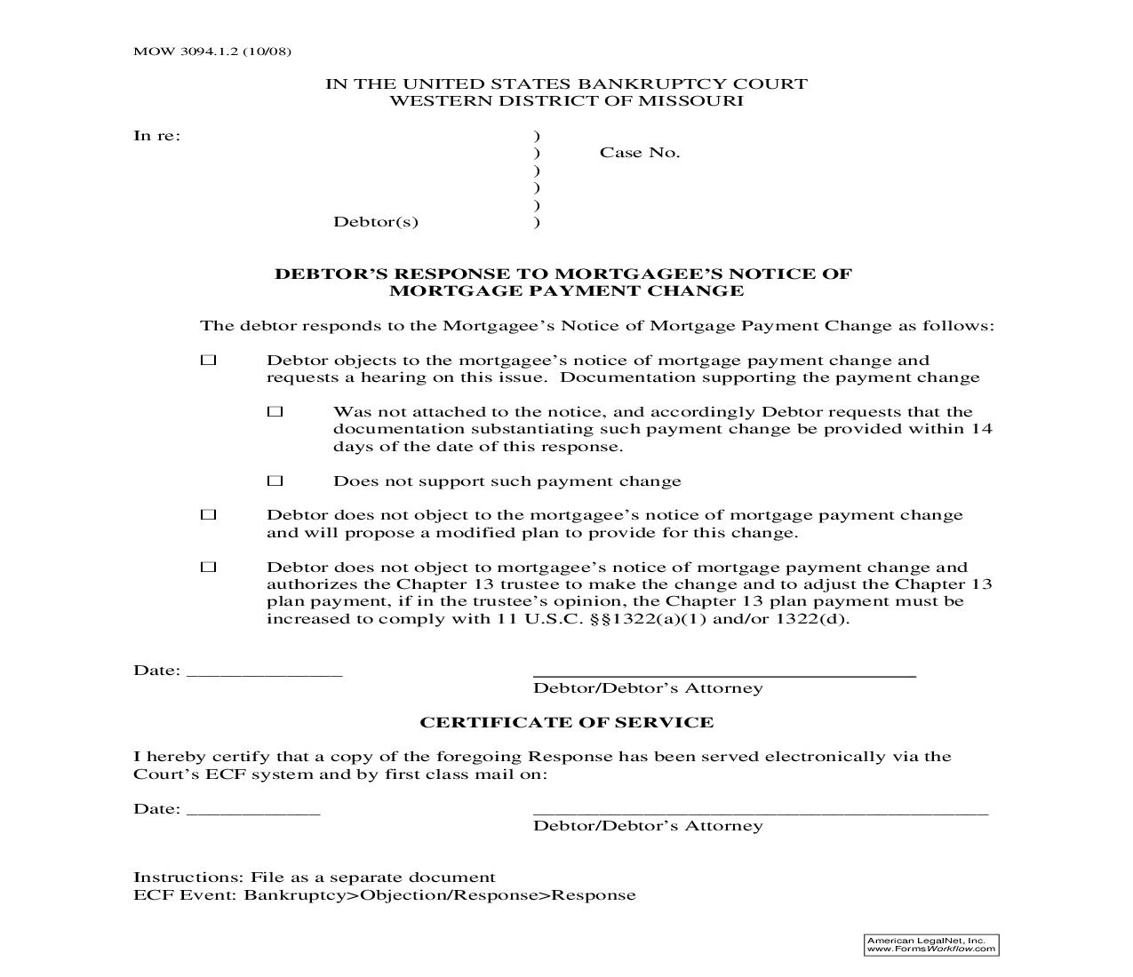Debtors Response To Mortgagees Notice Of Mortgage Payment Change {MOW 3094.1.2} | Pdf Fpdf Doc Docx | Missouri