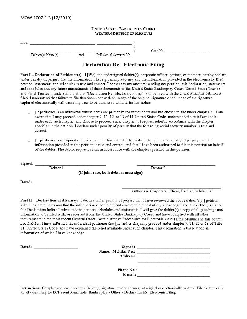 Declaration Re Electronic Filing {MOW 1007-1.3} | Pdf Fpdf Doc Docx | Missouri