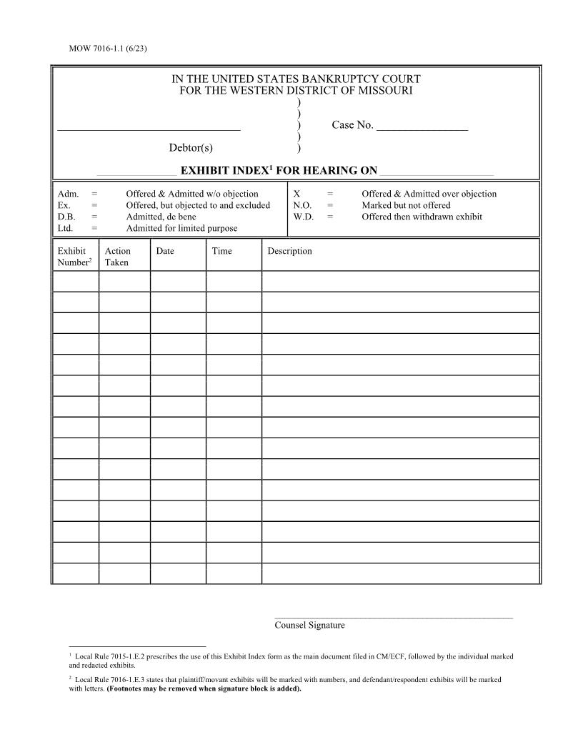 Exhibit Index {MOW 7016-1.1} | Pdf Fpdf Doc Docx | Missouri