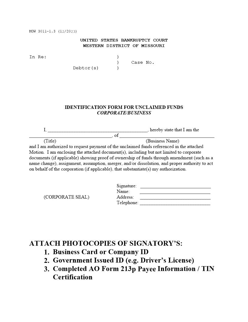 Identification For Unclaimed Funds Business {MOW 3011-1.3} | Pdf Fpdf Docx | Missouri