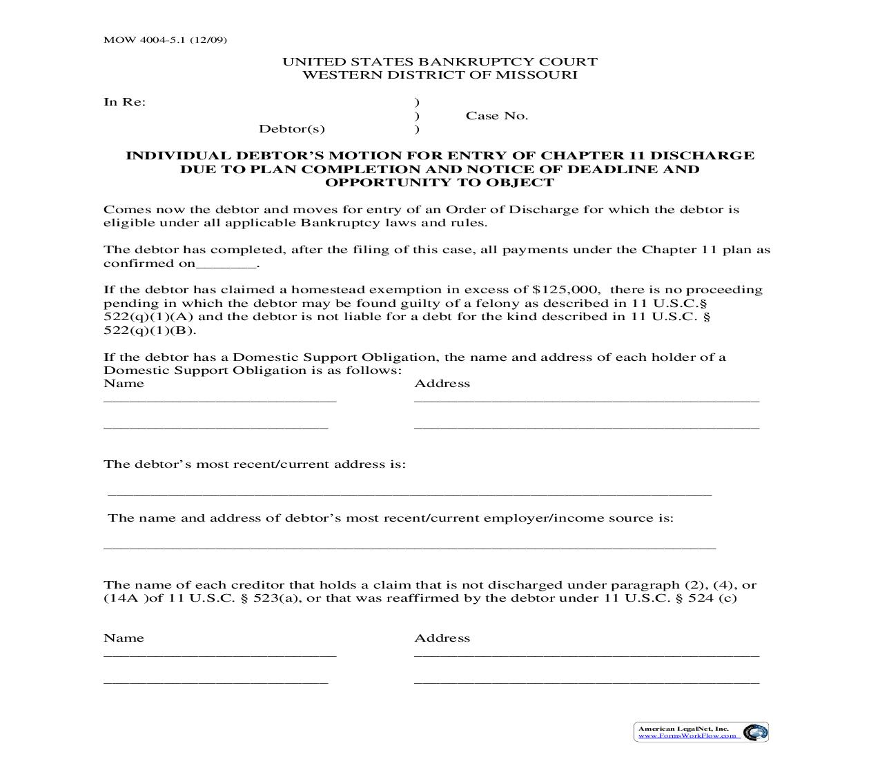 Individual Debtors Motion For Entry Of Chapter 11 Discharge Due To Plan Completion {MOW 4004-5.1} | Pdf Fpdf Doc Docx | Missouri
