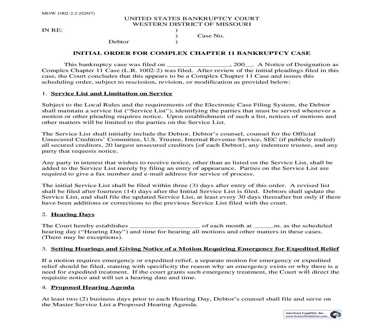 Initial Order For Complex Chapter 11 Bankruptcy Case {MOW 1002-2.2} | Pdf Fpdf Doc Docx | Missouri