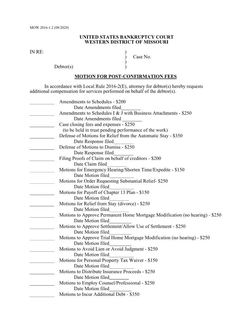 Motion For Post-Confirmation Fees {MOW 2016-1.2} | Pdf Fpdf Doc Docx | Missouri