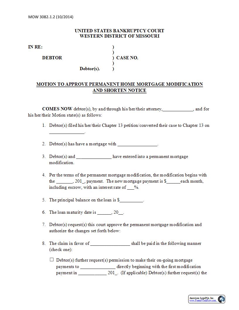 Motion To Approve Permanent Mortgage Modification {MOW 3082-1.2} | Pdf Fpdf Docx | Missouri