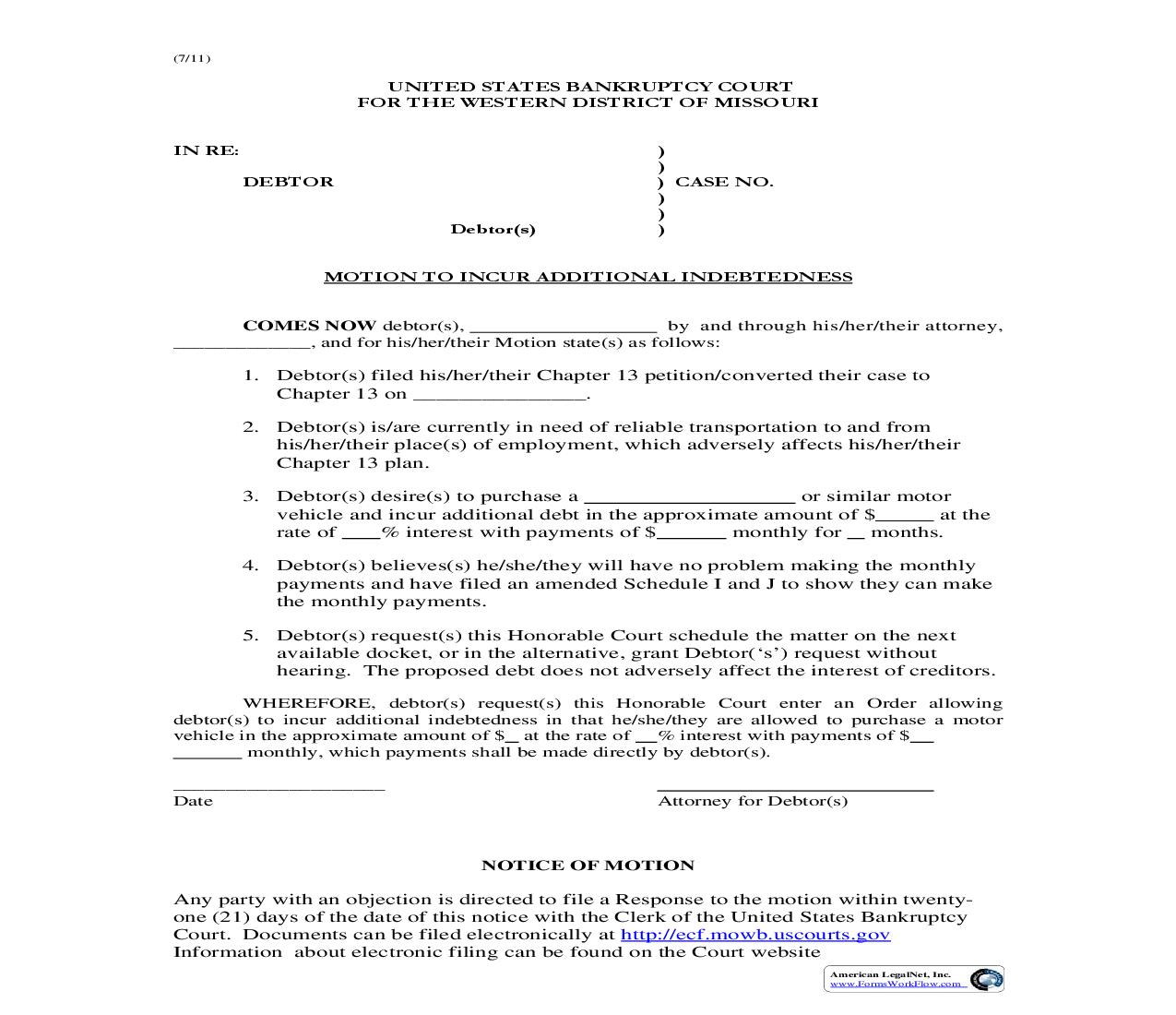 Motion To Incur Additional Indebtedness | Pdf Fpdf Doc Docx | Missouri