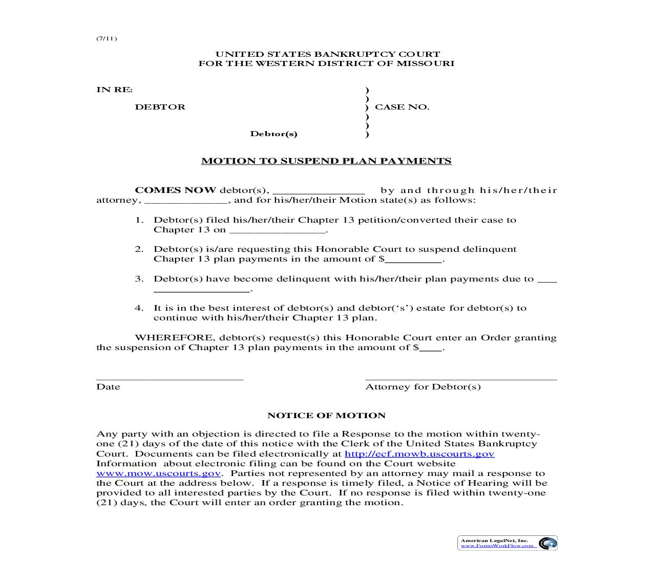 Motion To Suspend Plan Payments | Pdf Fpdf Doc Docx | Missouri