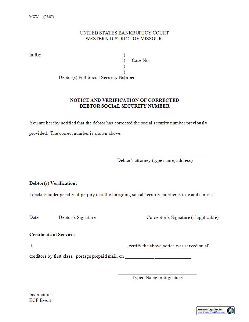 Notice And Verification Of Corrected Debtor Social Security Number | Pdf Fpdf Docx | Missouri
