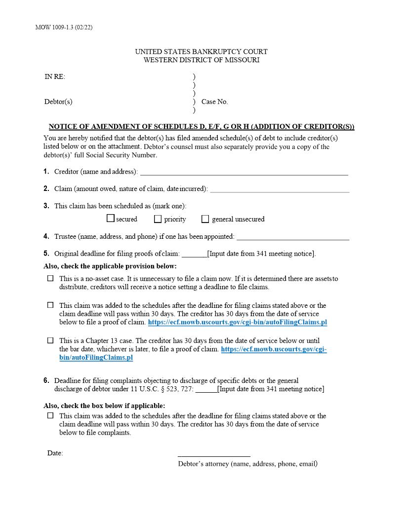 Notice Of Amendment Of Schedule Of Debts And Addition Of Creditor {MOW 1009-1.3} | Pdf Fpdf Doc Docx | Missouri
