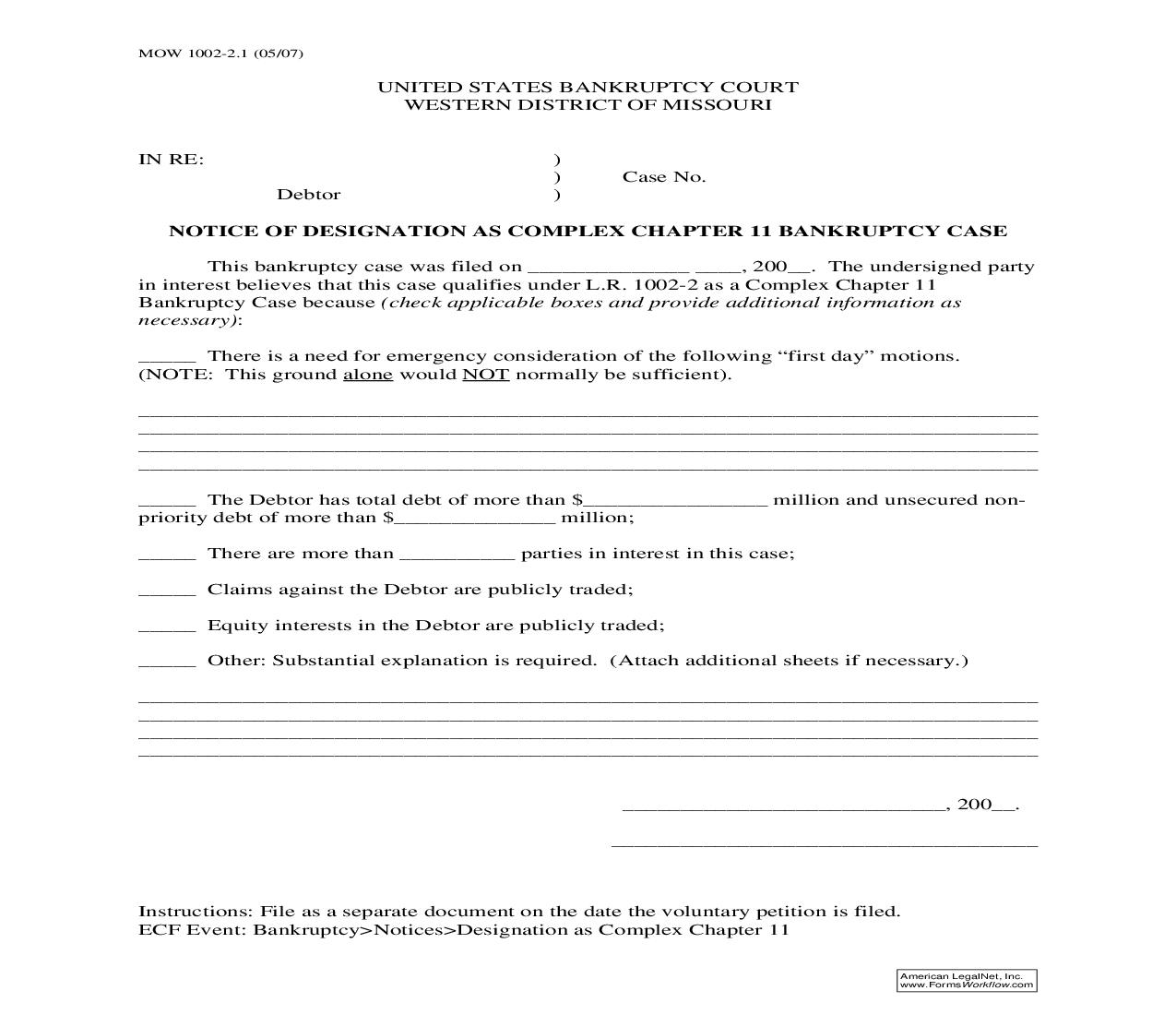 Notice Of Designation As Complex Chapter 11 Bankruptcy Case {MOW 1002-2.1} | Pdf Fpdf Doc Docx | Missouri