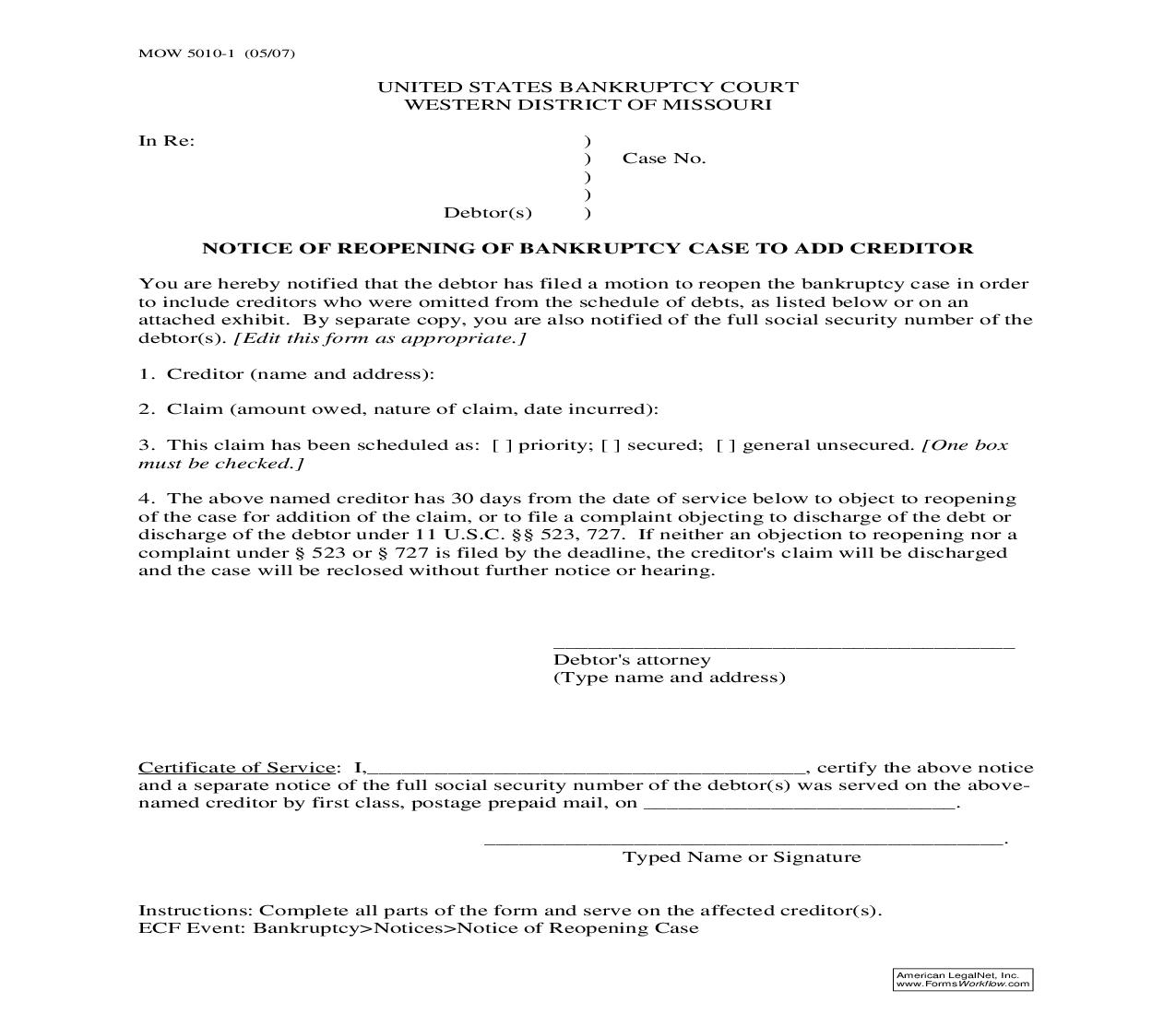 Notice Of Reopening Of Bankruptcy Case To Add Creditor {MOW 5010-1} | Pdf Fpdf Doc Docx | Missouri