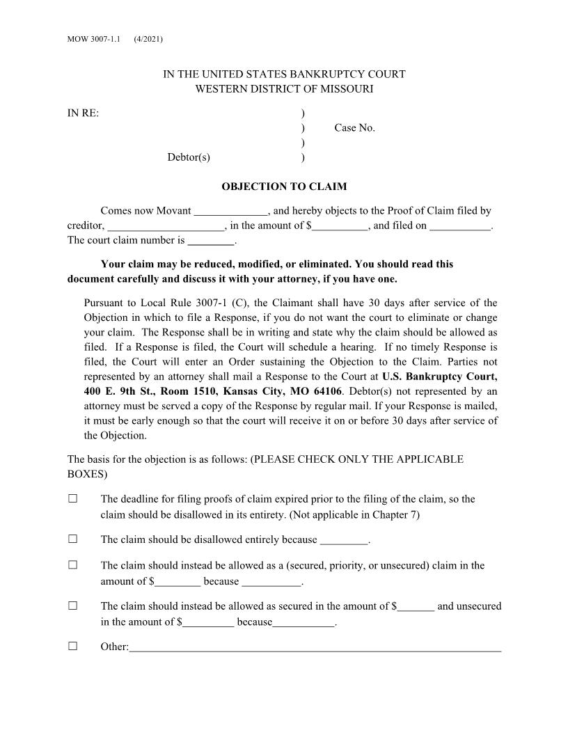 Objection To Claim {MOW 3007-1.1} | Pdf Fpdf Doc Docx | Missouri