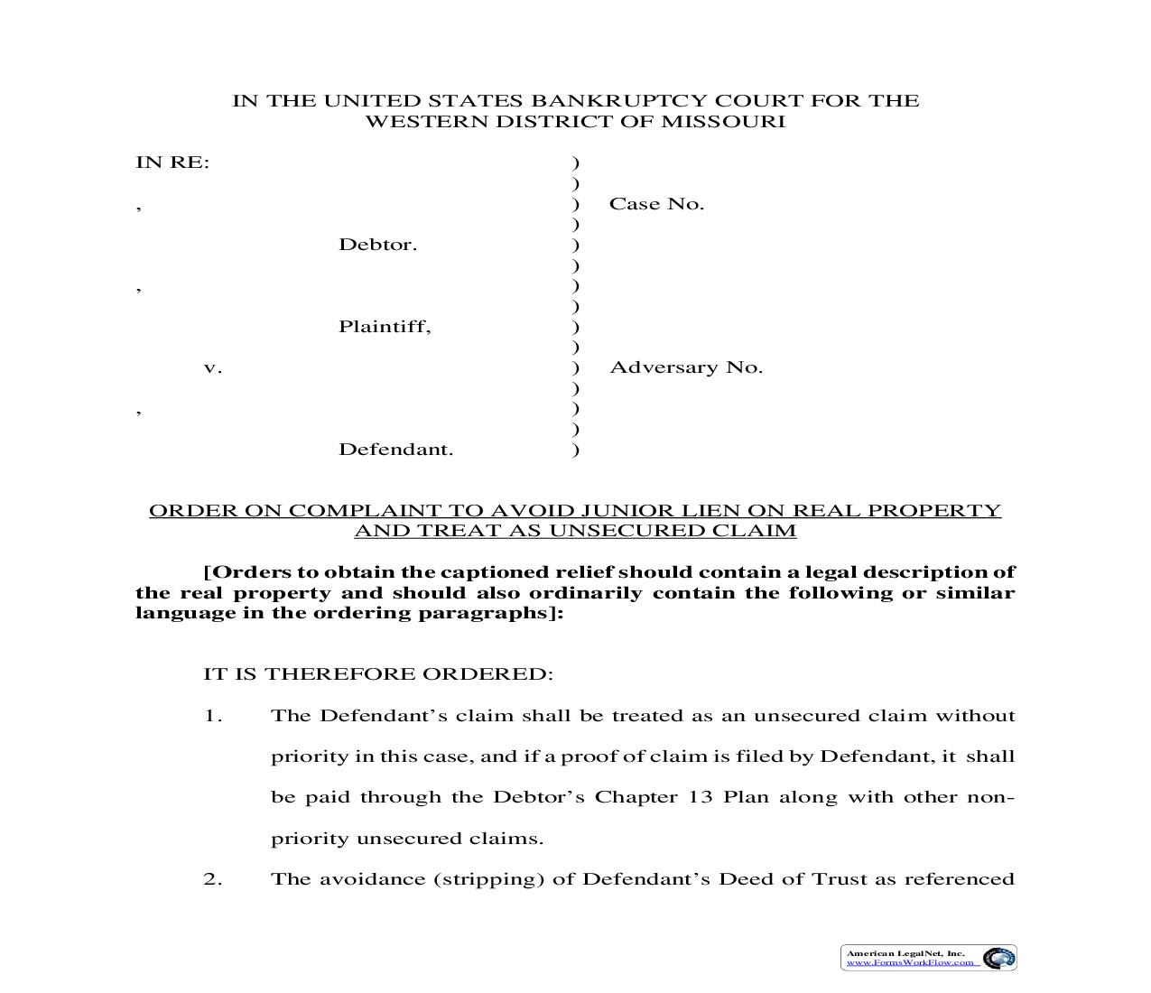 Order On Complaint To Avoid Junior Lien On Real Property | Pdf Fpdf Doc Docx | Missouri