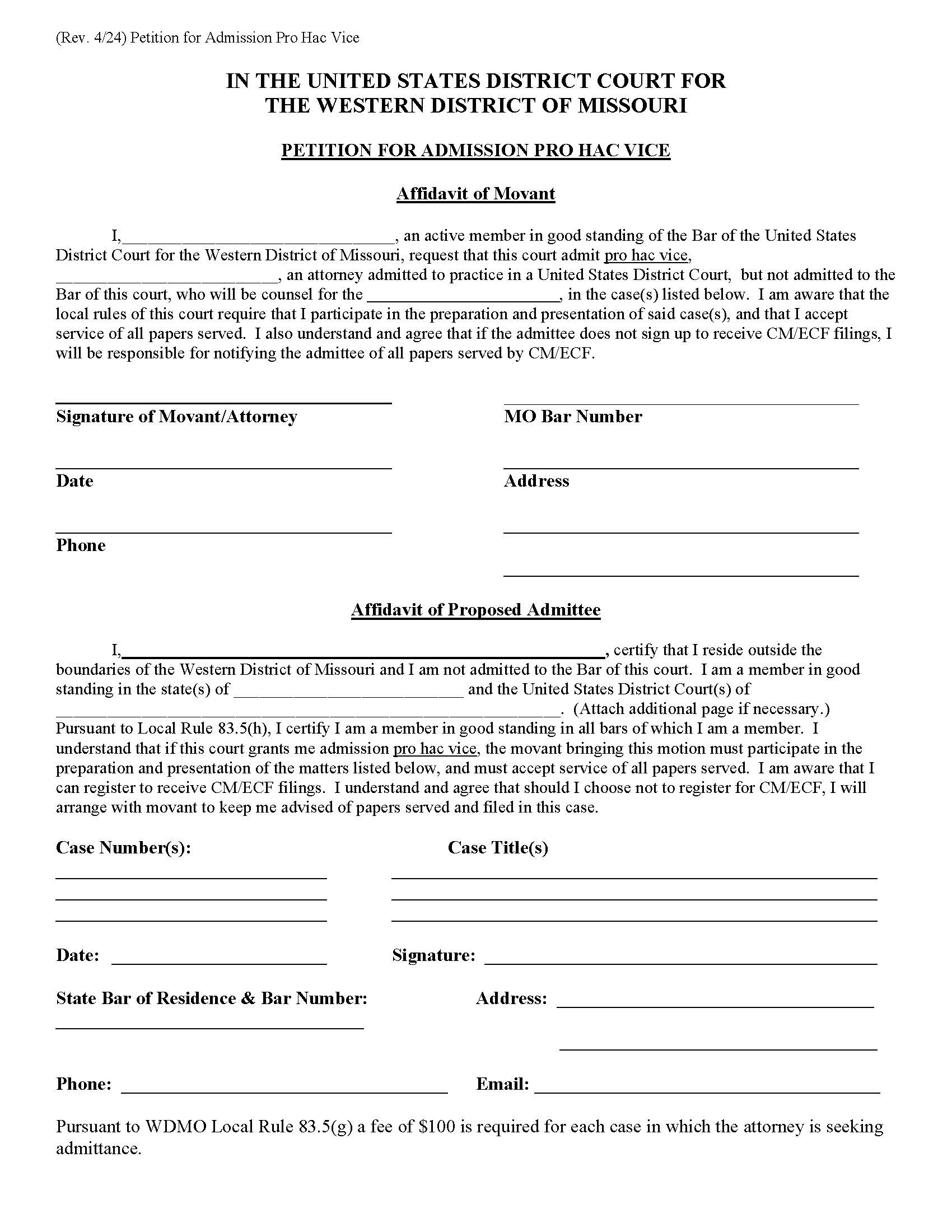 Petition For Admission Pro Hac Vice | Pdf Fpdf Docx | Missouri