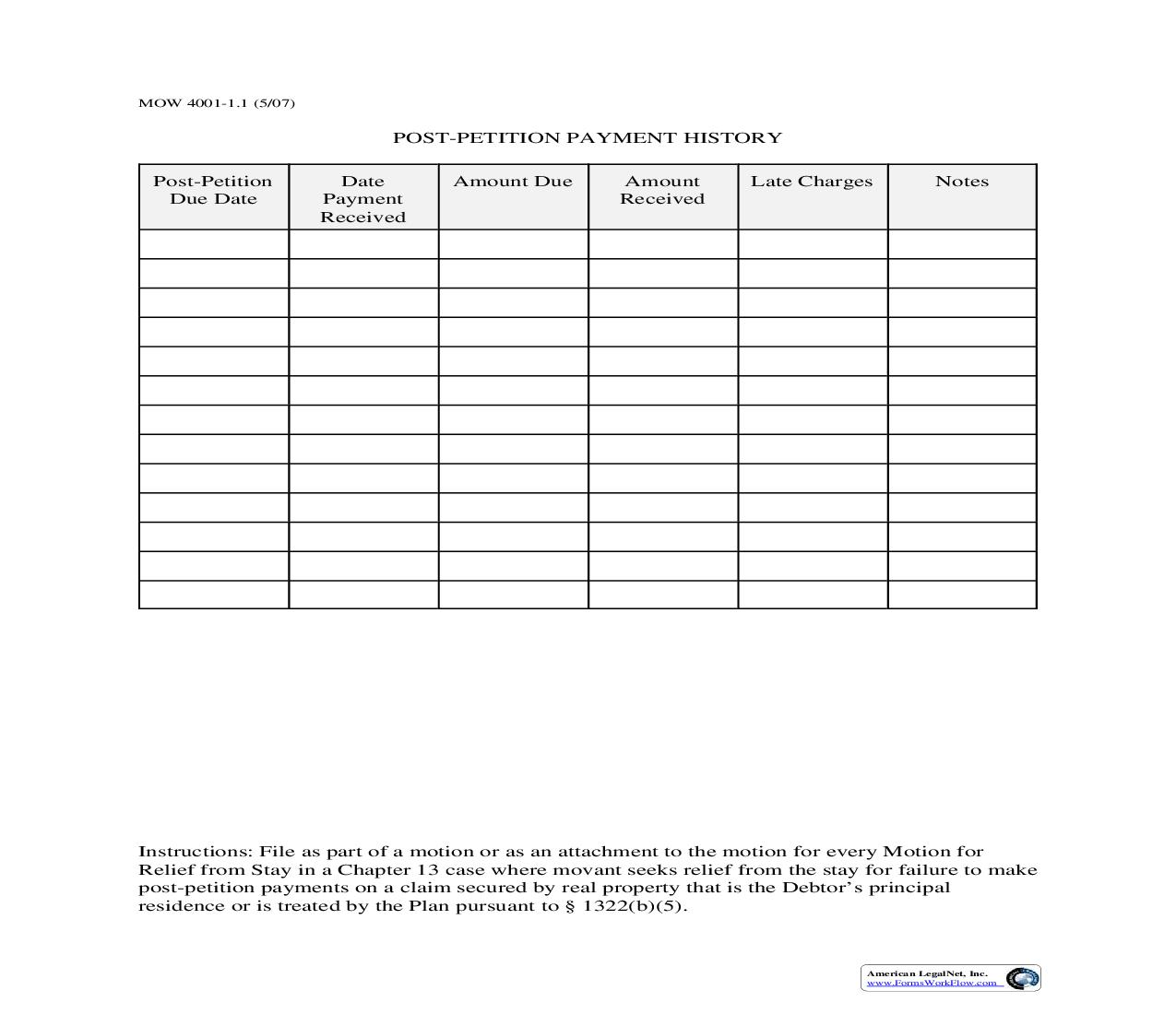 Post-Petition Payment History {MOW 4001-1.1} | Pdf Fpdf Doc Docx | Missouri