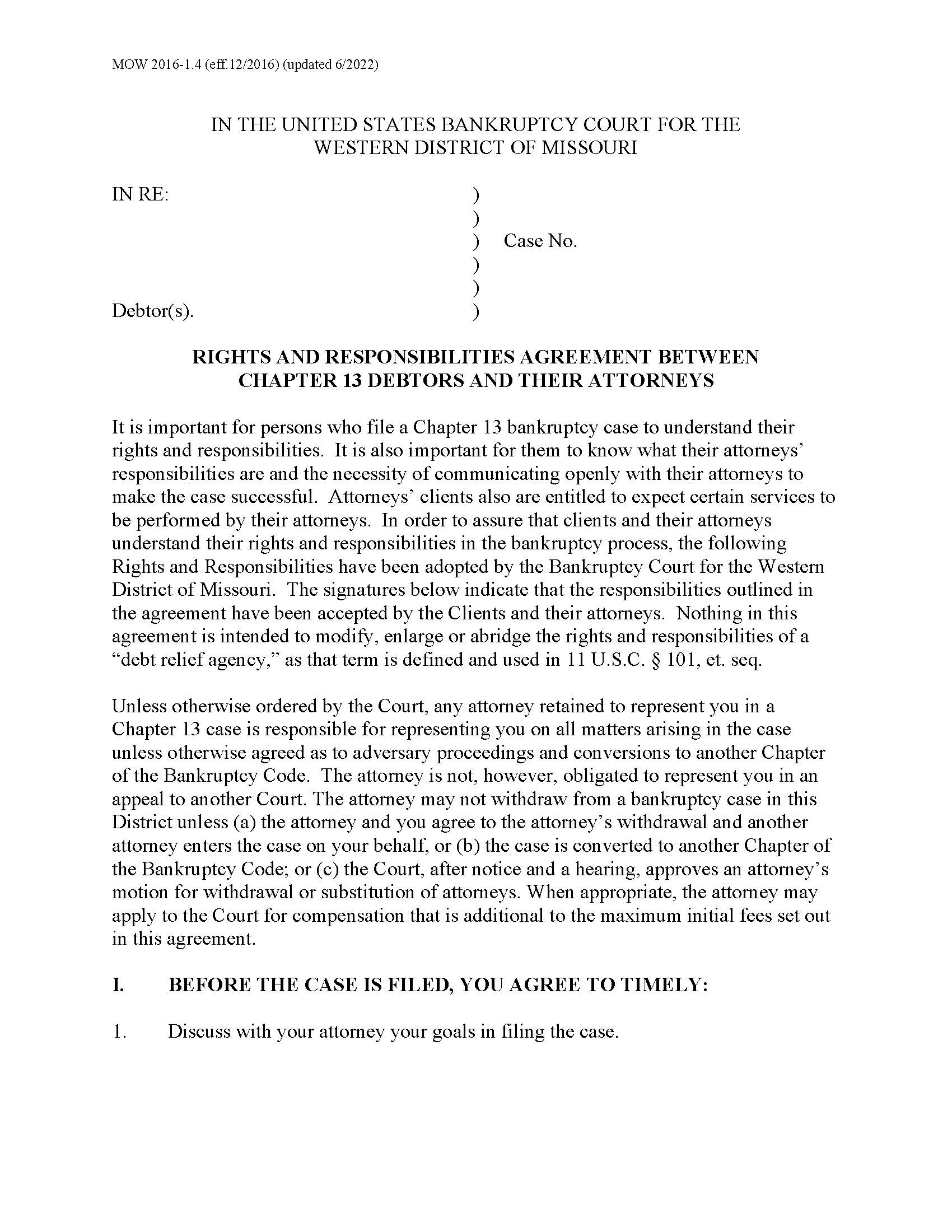 Rights And Responsibilities Agreement Between Chapter 13 Debtors And Their Attorneys {MOW 2016-1.4} | Pdf Fpdf Doc Docx | Missouri