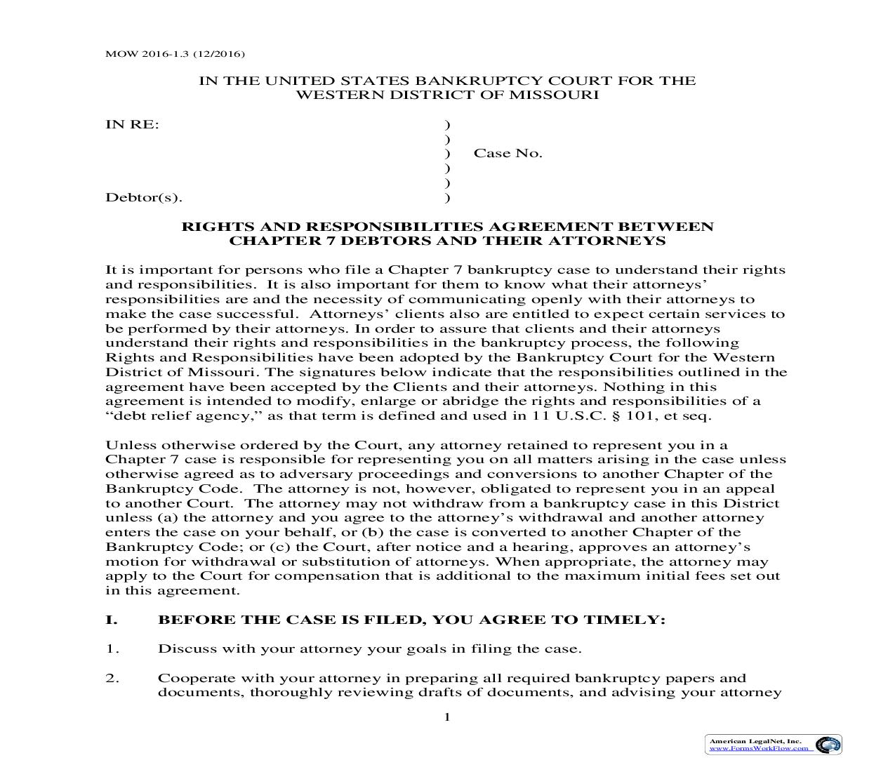 Rights And Responsibilities Agreement Between Chapter 7 Debtors And Their Attorneys {MOW-2016-1.3} | Pdf Fpdf Doc Docx | Missouri