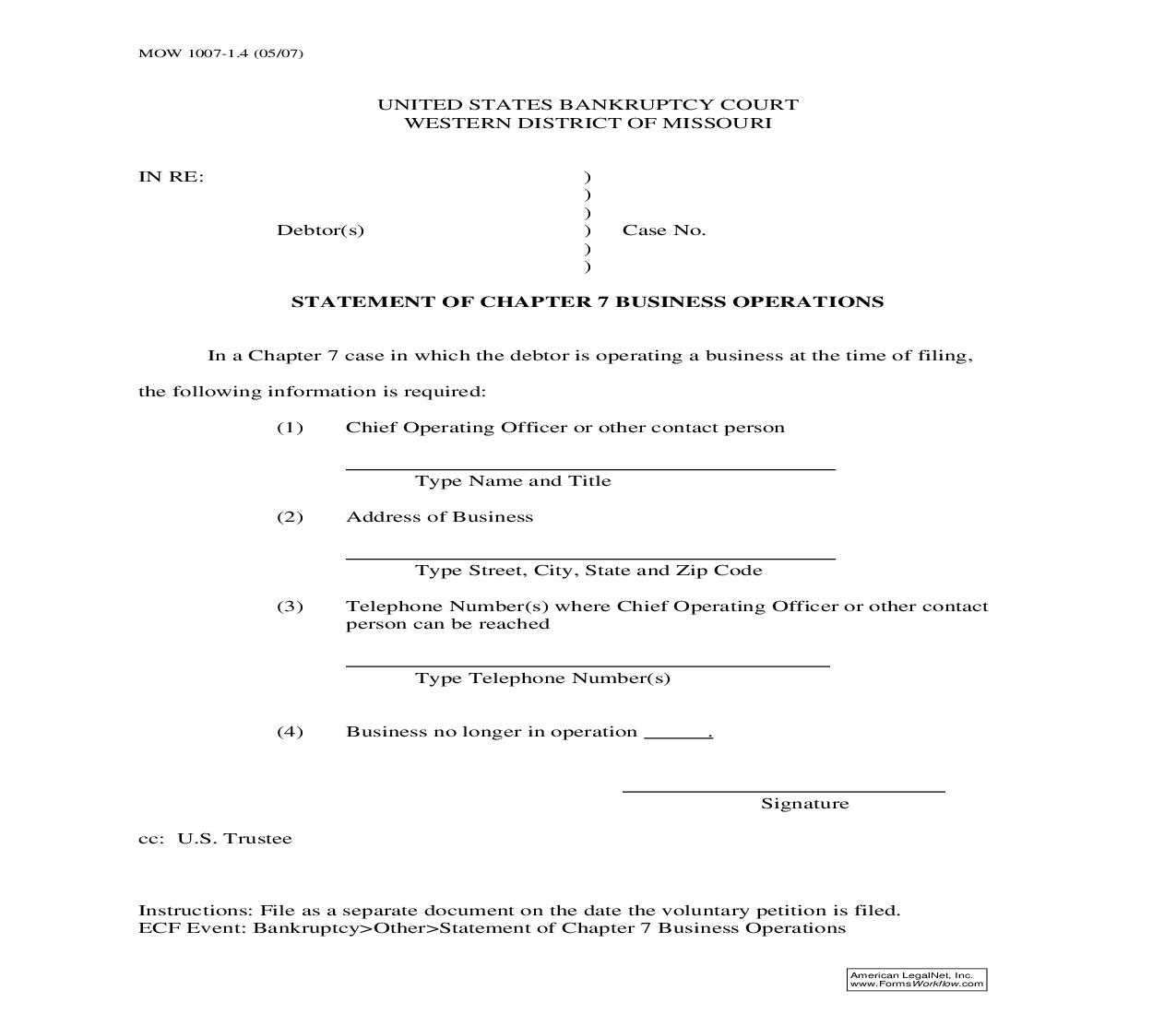 Statement Of Chapter 7 Business Operations {MOW 1007-1.4} | Pdf Fpdf Doc Docx | Missouri