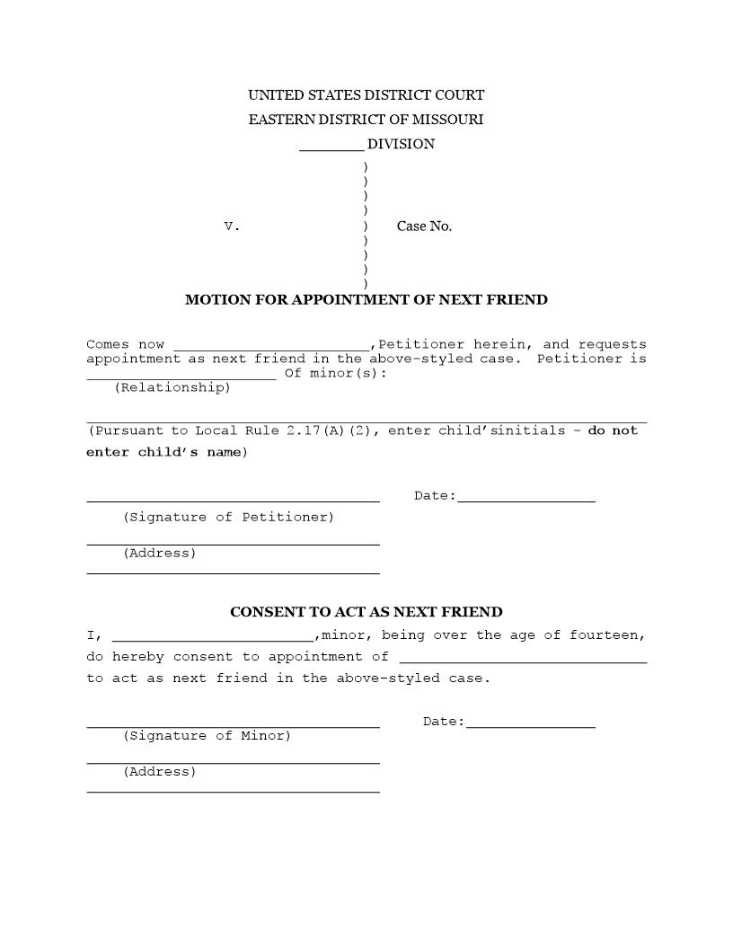 Motion For Appointment Of Next friend {MOED-0003} | Pdf Fpdf Docx | Missouri