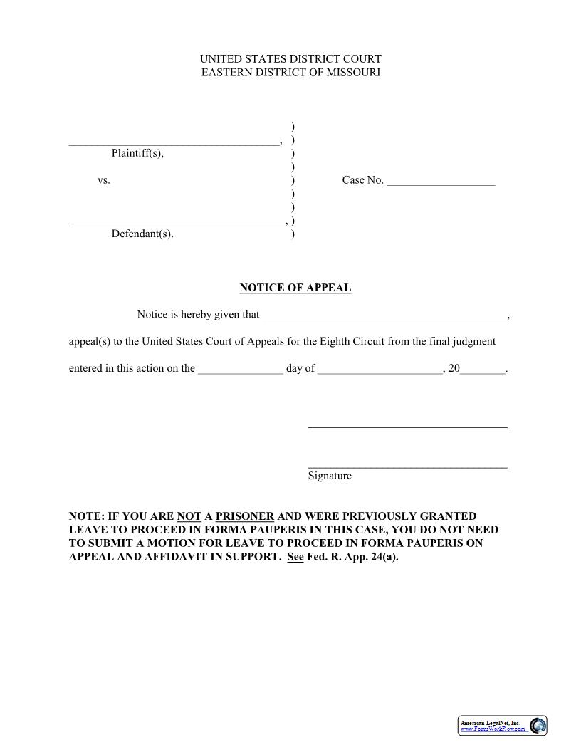 Notice Of Appeal Civil {MOED-0043} | Pdf Fpdf Docx | Missouri