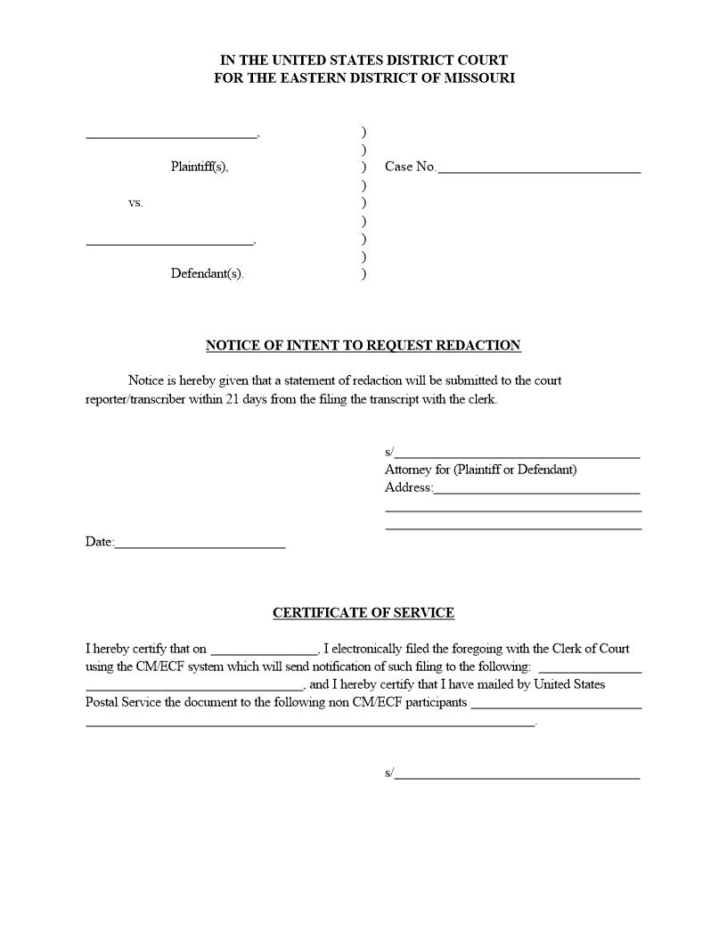 Notice Of Intent To Request Redaction {MOED-0010} | Pdf Fpdf Docx | Missouri