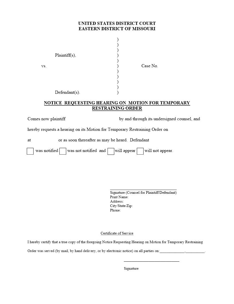 Notice Requesting Hearing On Motion For Temporary Restraining Order {MOED-0062} | Pdf Fpdf Docx | Missouri