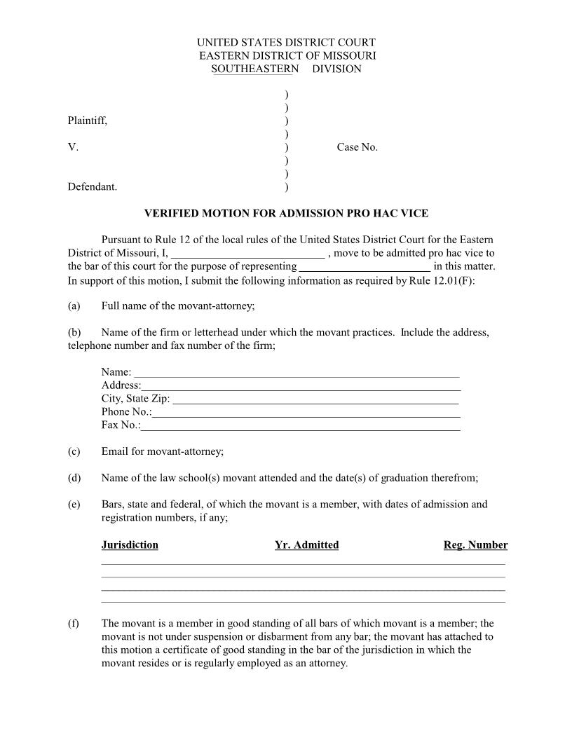 Verified Motion For Admission Pro Hac Vice | Pdf Fpdf Docx | Missouri