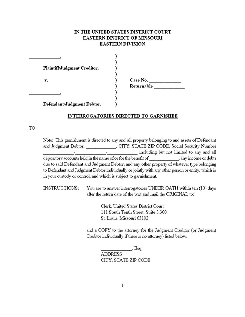 Writ Interrogatories Directed To Garnishee {MOED-0016} | Pdf Fpdf Docx | Missouri