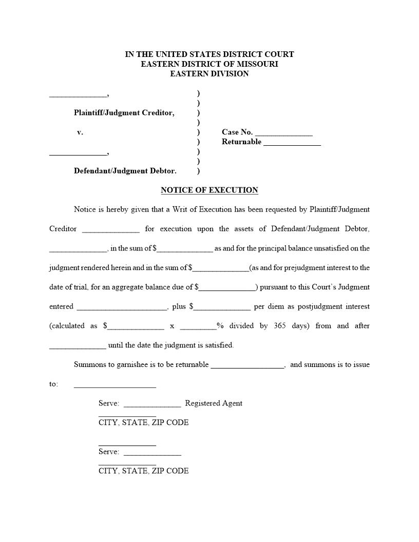Writ Notice Of Execution {MOED-0017} | Pdf Fpdf Docx | Missouri