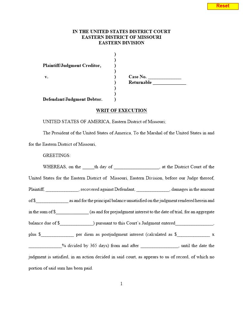 Writ Of Execution {MOED-0014} | Pdf Fpdf Docx | Missouri