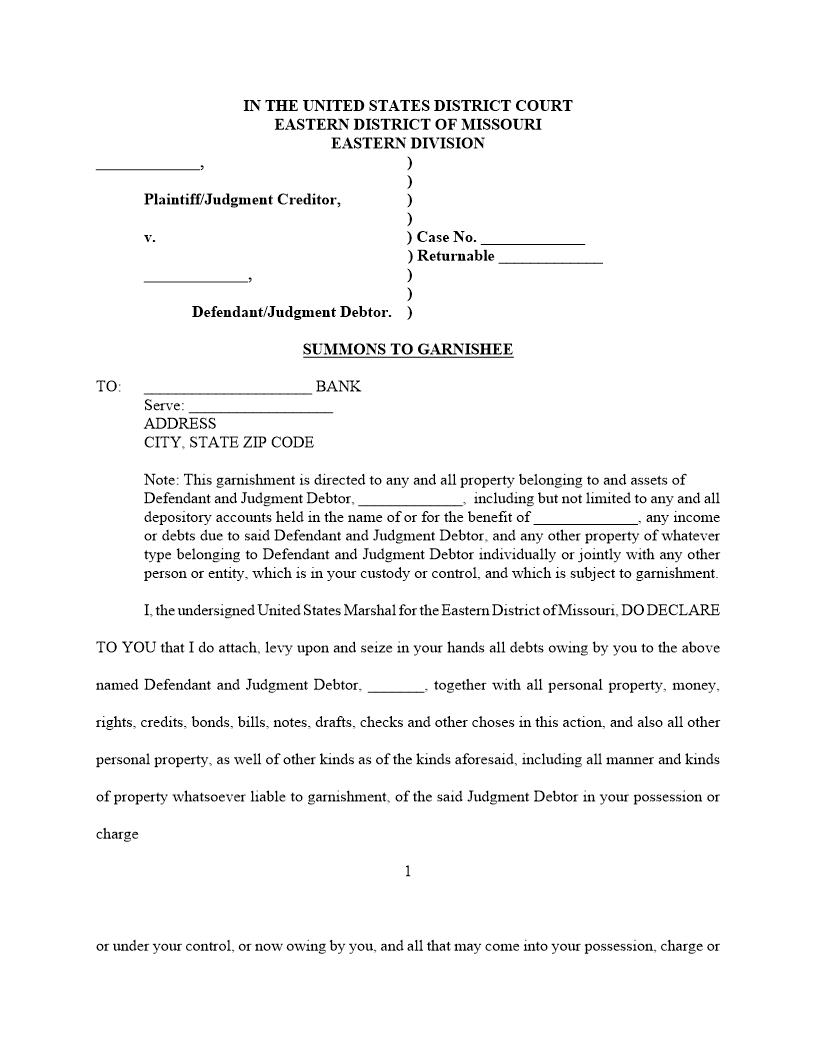 Writ Summons Of Garnishee {MOED-0018} | Pdf Fpdf Docx | Missouri