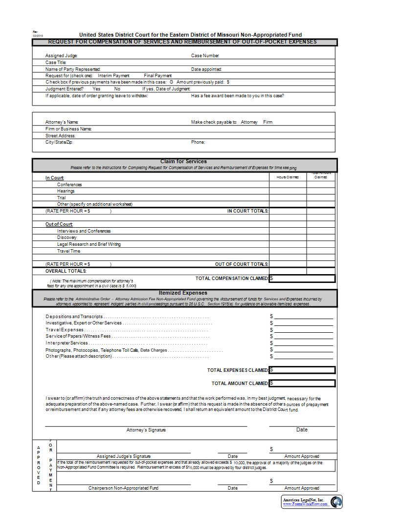 Request for Compensation for Services and reimbursement of Out-of-pocket Expenses {MOED-0021} | Pdf Fpdf Docx | Missouri