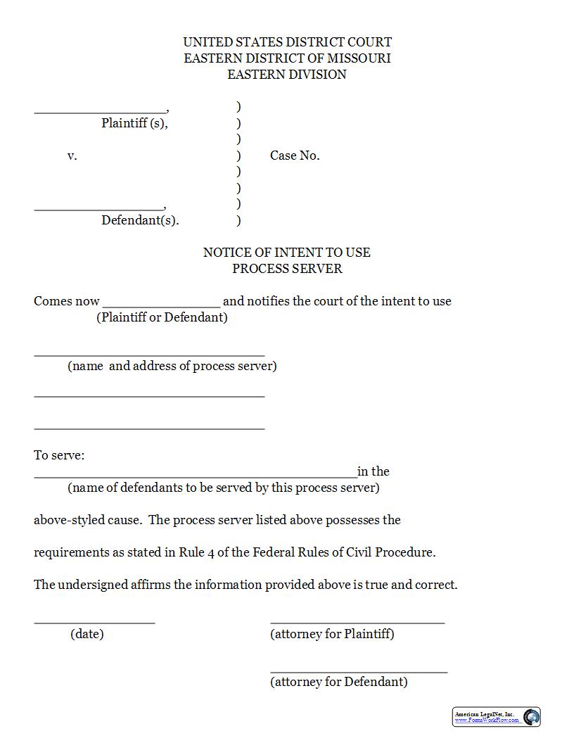 Notice Of Intent To Use Process Server {MOED-0004} | Pdf Fpdf Docx | Missouri