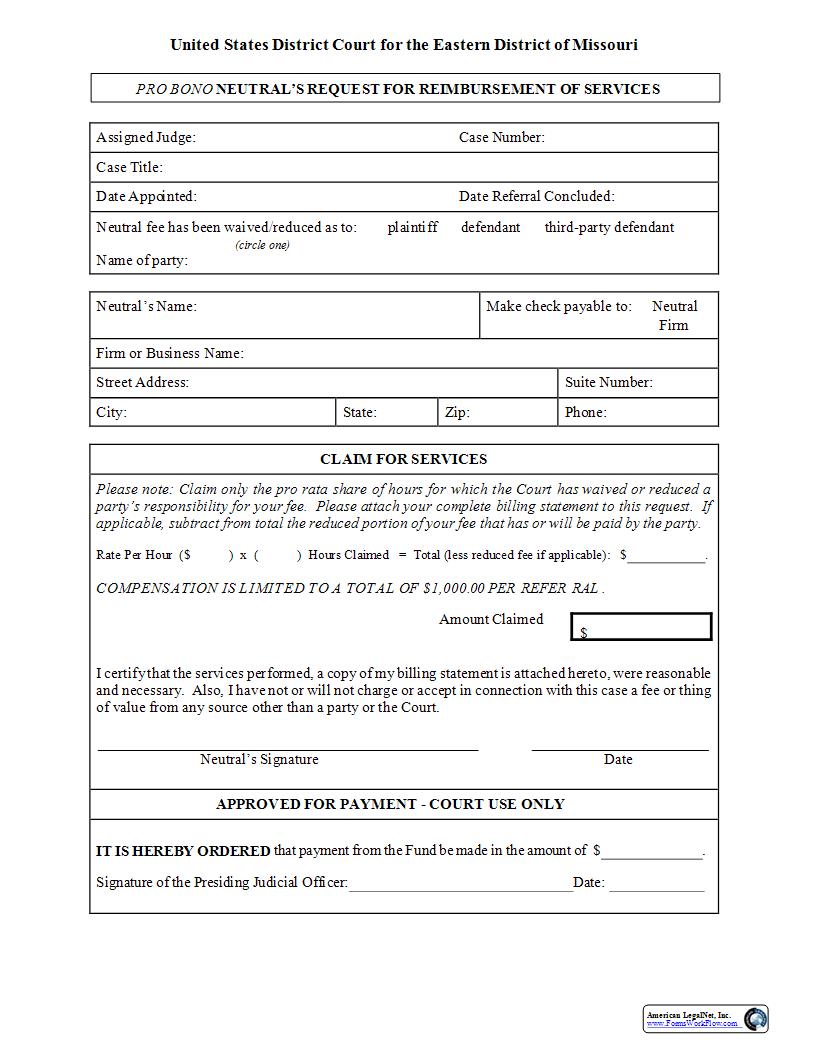 Pro Bono Neutrals Request for Reimbursement of Services {MOED-0024} | Pdf Fpdf Docx | Missouri