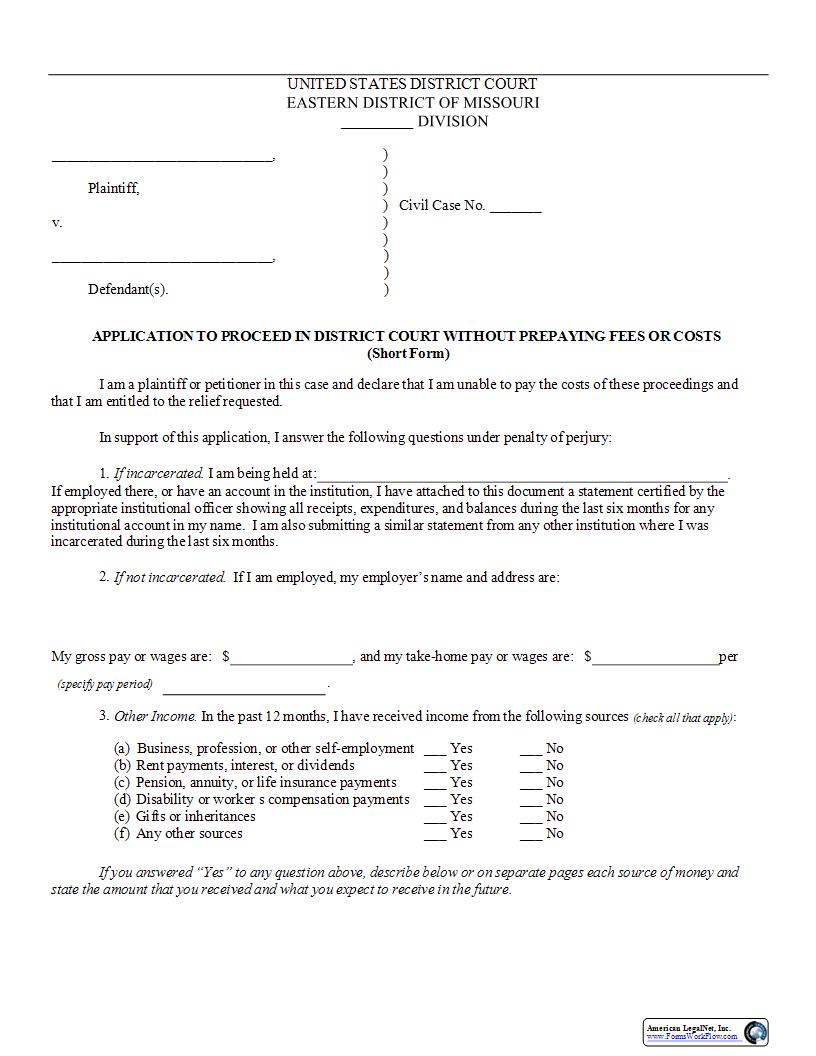 Application To Proceed Without Fees Short Form {MOED-0046} | Pdf Fpdf Docx | Missouri
