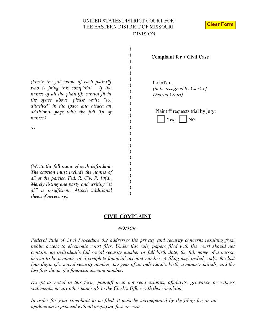 Civil Complaint {MOED-0032} | Pdf Fpdf Docx | Missouri